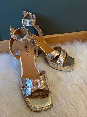 Indigo Metallic Gold Platform Ankle-Strap Sandals
